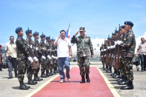 A photo released by the Philippine Air Force shows President Rodrigo Duterte as he arrives in Zamboanga City on July 21, 2016.